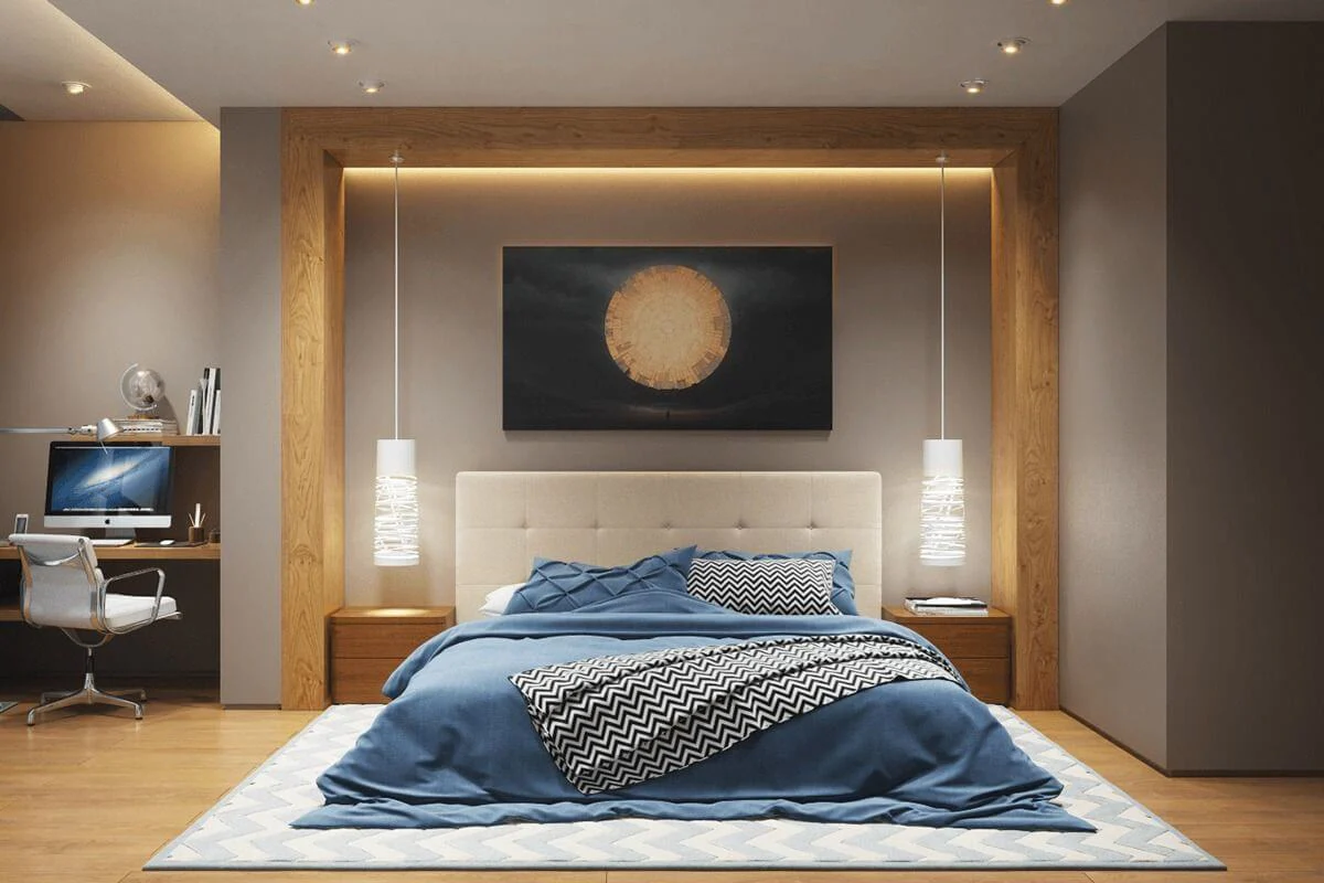 Tidy bedroom with soft lamp light and neatly made bed at dusk