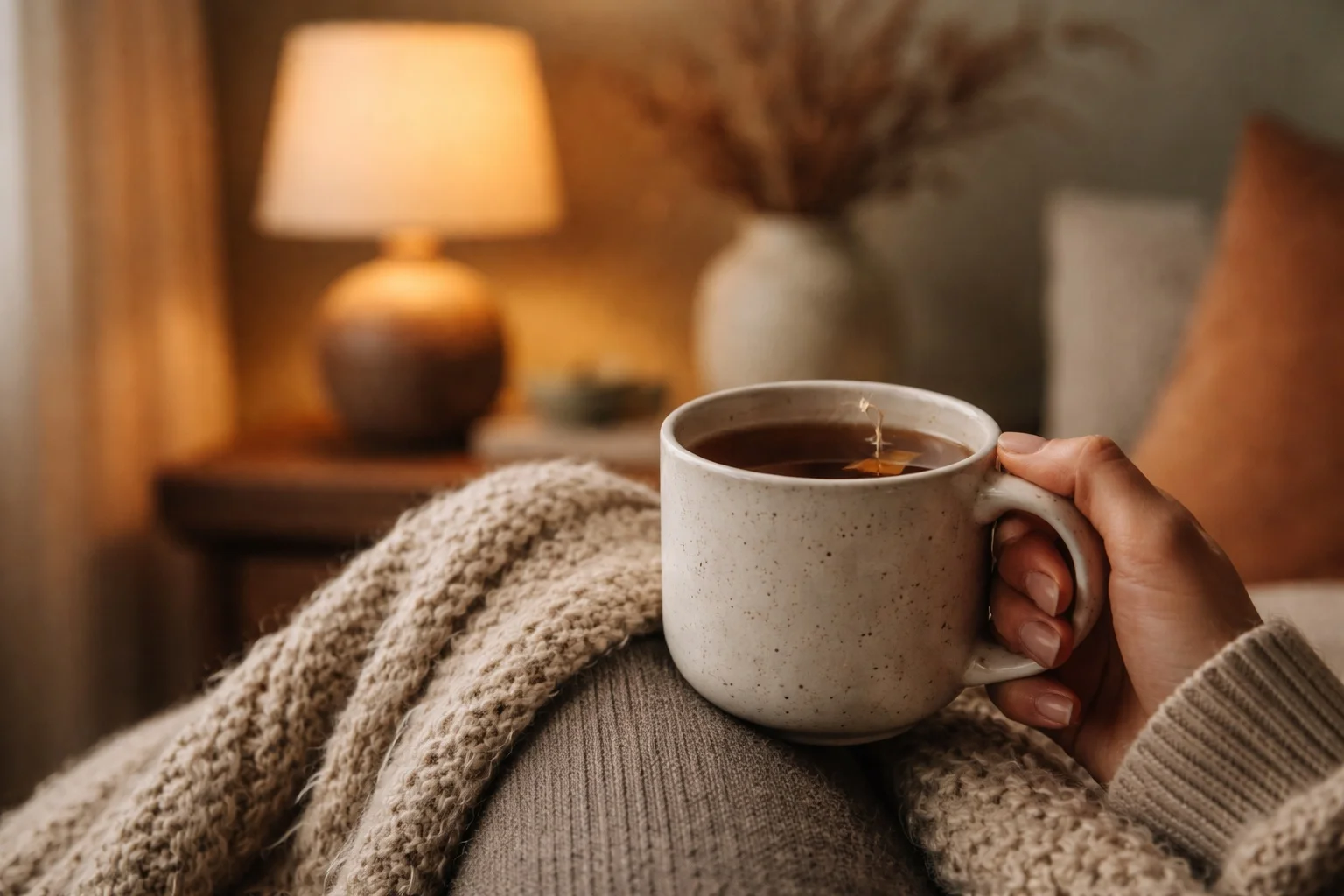 Warm mug beside a folded throw on a sofa in soft evening light